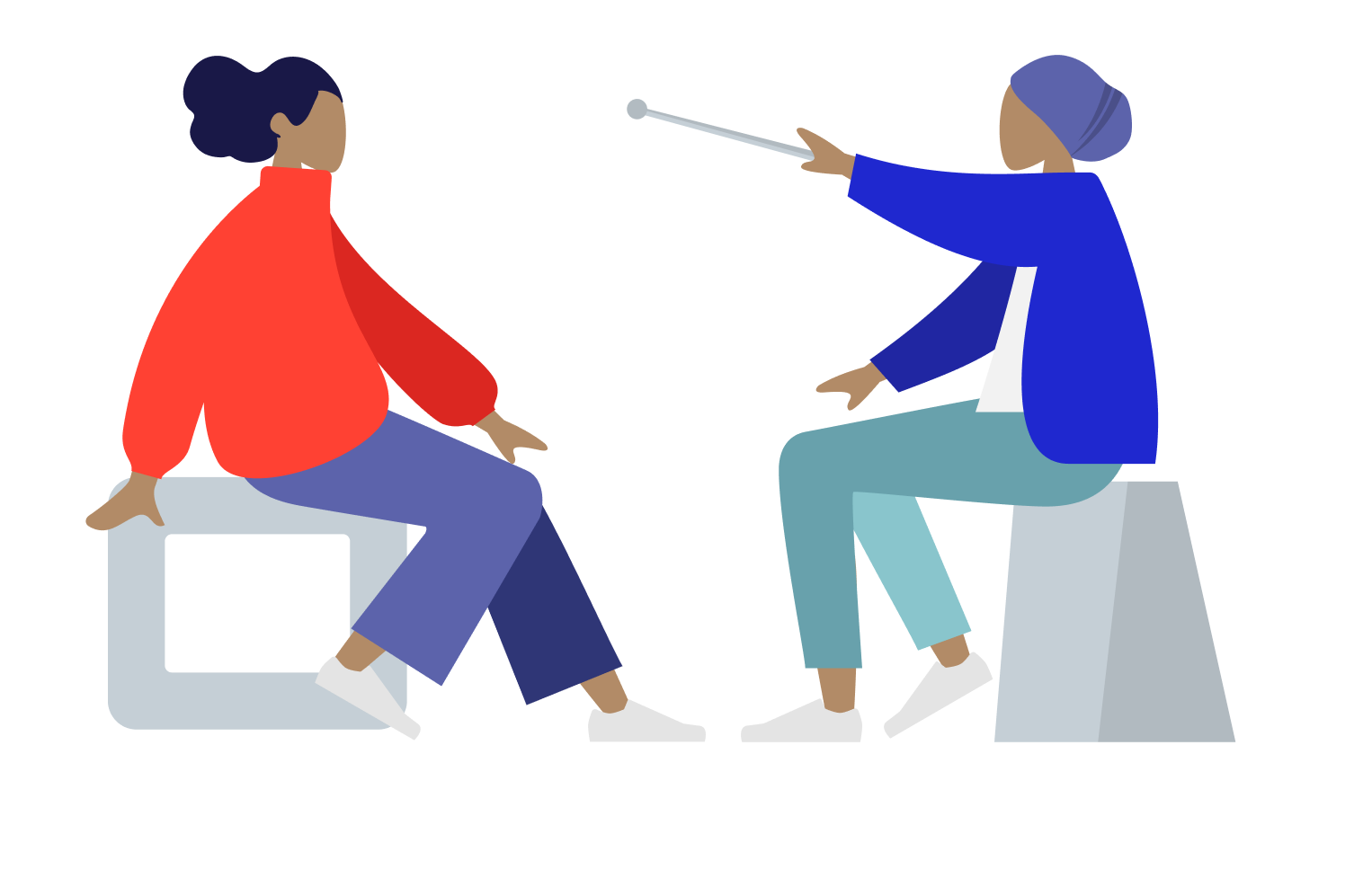 Illustration of a practitioner guiding a seated client with a pointer.